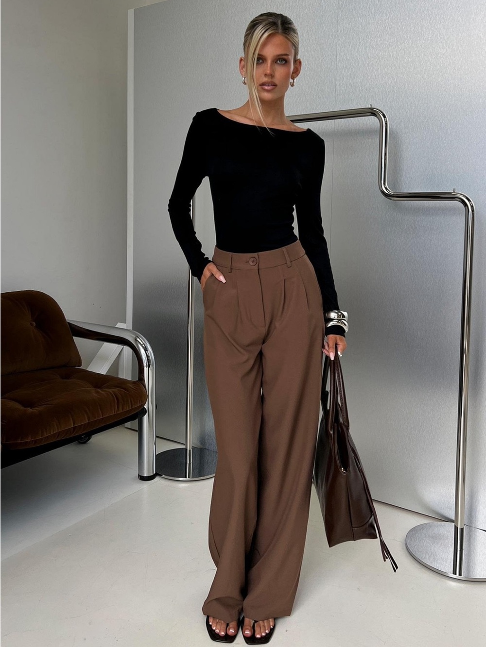 Princess Polly Brown High-Waist Wide-Leg Trousers